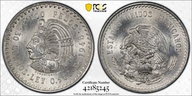 1948-Mo 5 Peso Cuauhtemoc KM-465  Ag MS63