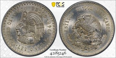 1948-Mo 5 Peso Cuauhtemoc KM-465  Ag MS63