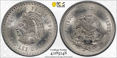 1948-Mo 5 Peso Cuauhtemoc KM-465  Ag MS63