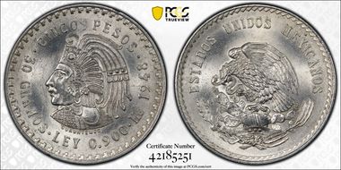 1948-Mo 5 Peso Cuauhtemoc KM-465  Ag MS63