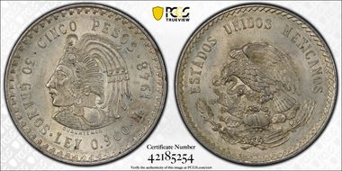 1948-Mo 5 Peso Cuauhtemoc KM-465  Ag MS63