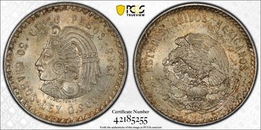 1948-Mo 5 Peso Cuauhtemoc KM-465  Ag MS64