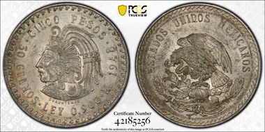 1948-Mo 5 Peso Cuauhtemoc KM-465  Ag AU58