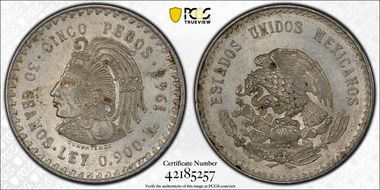 1948-Mo 5 Peso Cuauhtemoc KM-465  Ag MS62