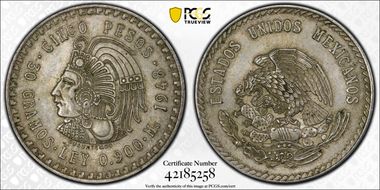 1948-Mo 5 Peso Cuauhtemoc KM-465  Ag AU55