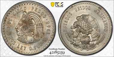 1948-Mo 5 Peso Cuauhtemoc KM-465  Ag AU58