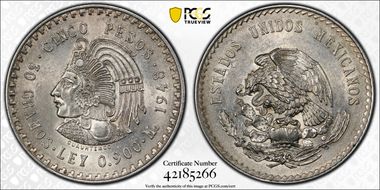 1948-Mo 5 Peso Cuauhtemoc KM-465  Ag AU58