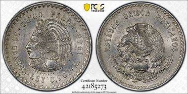 1948-Mo 5 Peso Cuauhtemoc KM-465  Ag AU55