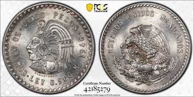 1948-Mo 5 Peso Cuauhtemoc KM-465  Ag MS62