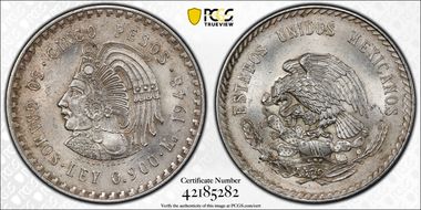 1948-Mo 5 Peso Cuauhtemoc KM-465  Ag MS63