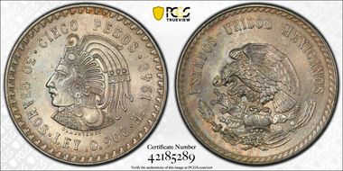 1948-Mo 5 Peso Cuauhtemoc KM-465  Ag MS65