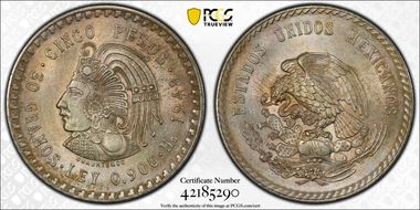 1948-Mo 5 Peso Cuauhtemoc KM-465  Ag MS64