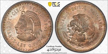 1948-Mo 5 Peso Cuauhtemoc KM-465  Ag MS64