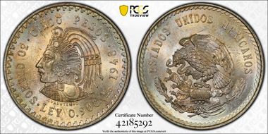 1948-Mo 5 Peso Cuauhtemoc KM-465  Ag MS65