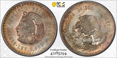 1948-Mo 5 Peso Cuauhtemoc KM-465  Ag MS63
