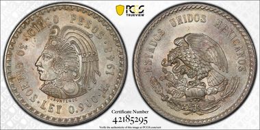 1948-Mo 5 Peso Cuauhtemoc KM-465  Ag MS64