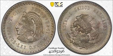 1948-Mo 5 Peso Cuauhtemoc KM-465  Ag MS64