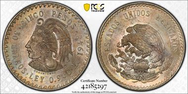 1948-Mo 5 Peso Cuauhtemoc KM-465  Ag MS64