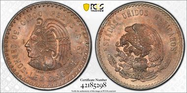 1948-Mo 5 Peso Cuauhtemoc KM-465  Ag MS65