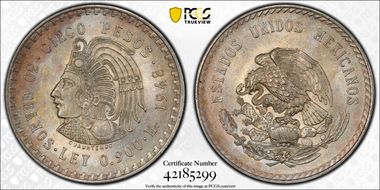 1948-Mo 5 Peso Cuauhtemoc KM-465  Ag MS66