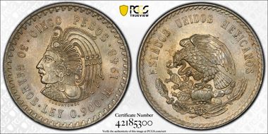 1948-Mo 5 Peso Cuauhtemoc KM-465  Ag MS64