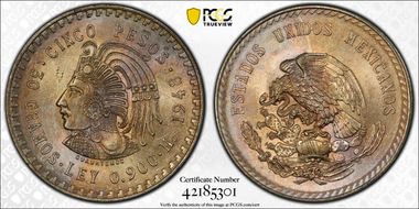 1948-Mo 5 Peso Cuauhtemoc KM-465  Ag MS64