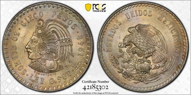 1948-Mo 5 Peso Cuauhtemoc KM-465  Ag MS64