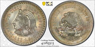 1948-Mo 5 Peso Cuauhtemoc KM-465  Ag MS67