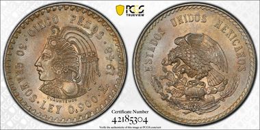 1948-Mo 5 Peso Cuauhtemoc KM-465  Ag MS64