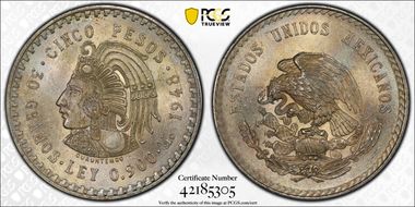 1948-Mo 5 Peso Cuauhtemoc KM-465  Ag MS65