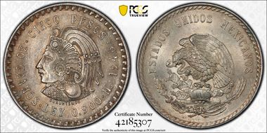1948-Mo 5 Peso Cuauhtemoc KM-465  Ag MS63