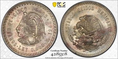 1948-Mo 5 Peso Cuauhtemoc KM-465  Ag MS64