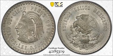 1948-Mo 5 Peso Cuauhtemoc KM-465  Ag MS64