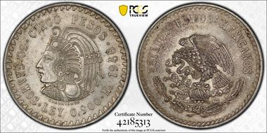 1948-Mo 5 Peso Cuauhtemoc KM-465  Ag MS61