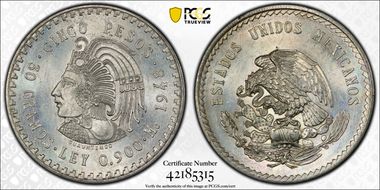 1948-Mo 5 Peso Cuauhtemoc KM-465  Ag MS64