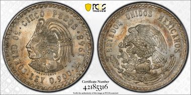 1948-Mo 5 Peso Cuauhtemoc KM-465  Ag MS62