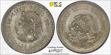 1948-Mo 5 Peso Cuauhtemoc KM-465  Ag MS63