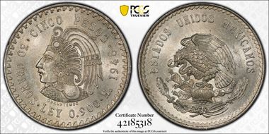 1948-Mo 5 Peso Cuauhtemoc KM-465  Ag MS64