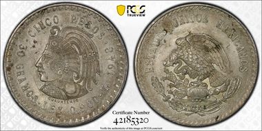 1948-Mo 5 Peso Cuauhtemoc KM-465  Ag MS63
