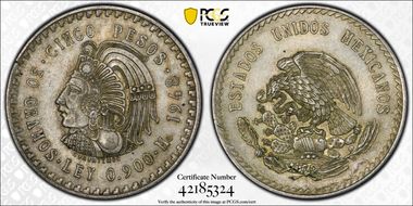1948-Mo 5 Peso Cuauhtemoc KM-465  Ag AU58
