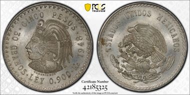 1948-Mo 5 Peso Cuauhtemoc KM-465  Ag MS65