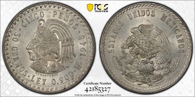 1948-Mo 5 Peso Cuauhtemoc KM-465  Ag MS63