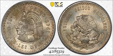 1948-Mo 5 Peso Cuauhtemoc KM-465  Ag MS62