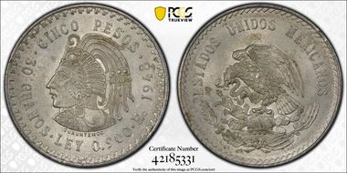 1948-Mo 5 Peso Cuauhtemoc KM-465  Ag MS64