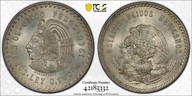 1948-Mo 5 Peso Cuauhtemoc KM-465  Ag MS64