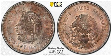 1948-Mo 5 Peso Cuauhtemoc KM-465  Ag MS62