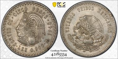 1948-Mo 5 Peso Cuauhtemoc KM-465  Ag MS62
