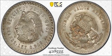 1948-Mo 5 Peso Cuauhtemoc KM-465  Ag MS64