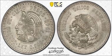 1948-Mo 5 Peso Cuauhtemoc KM-465  Ag MS63