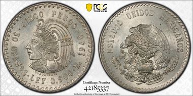 1948-Mo 5 Peso Cuauhtemoc KM-465  Ag MS62